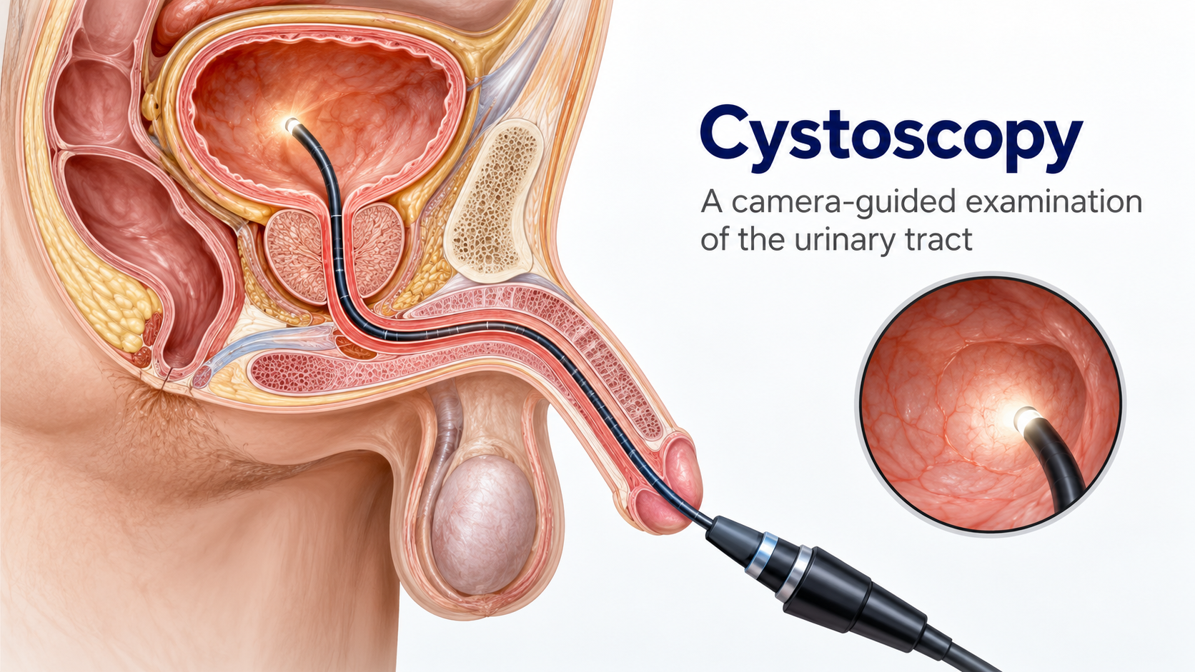 Cystoscopy uses a thin camera to examine the urethra and bladder directly